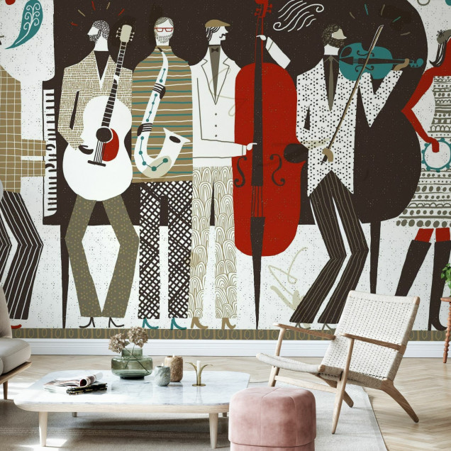 The Band wallpaper, ilustrating a retro band. This wallpaper is perfect for adding a touch of color and style to your room. It can be used in the living room, bedroom or office.