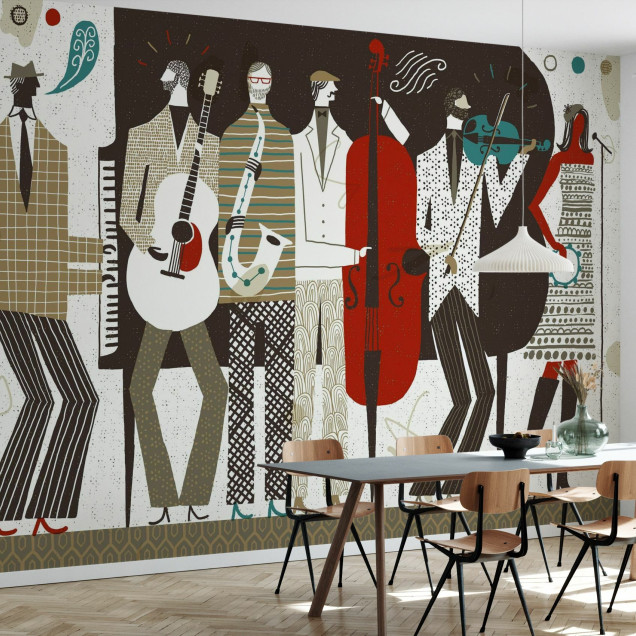 The Band wallpaper, ilustrating a retro band. This wallpaper is perfect for adding a touch of color and style to your room. It can be used in the living room, bedroom or office.