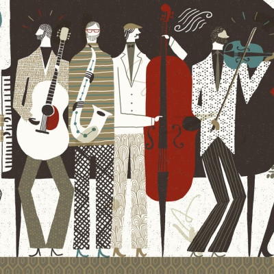The Band wallpaper, ilustrating a retro band. This wallpaper is perfect for adding a touch of color and style to your room. It can be used in the living room, bedroom or office.