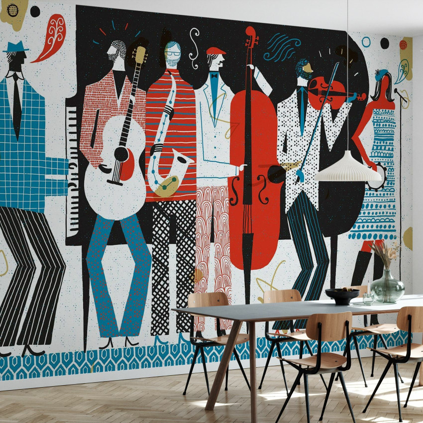 The Band wallpaper, ilustrating a retro band. This wallpaper is perfect for adding a touch of color and style to your room. It can be used in the living room, bedroom or office.