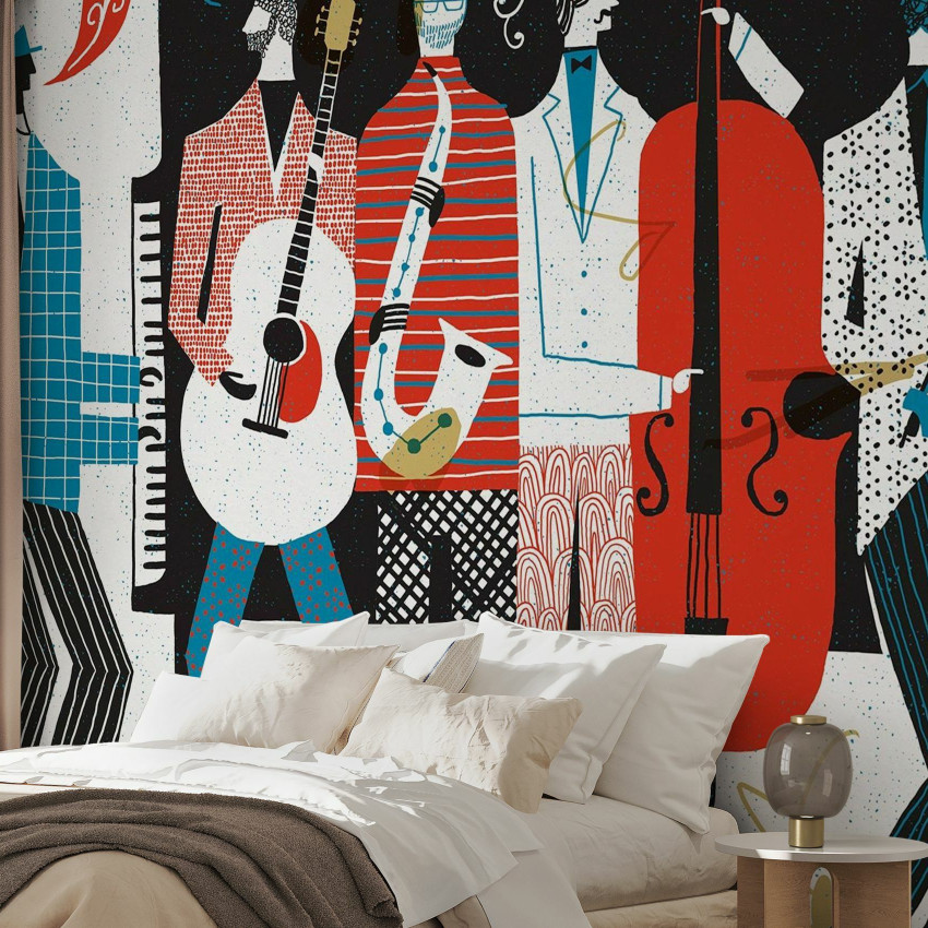 The Band wallpaper, ilustrating a retro band. This wallpaper is perfect for adding a touch of color and style to your room. It can be used in the living room, bedroom or office.