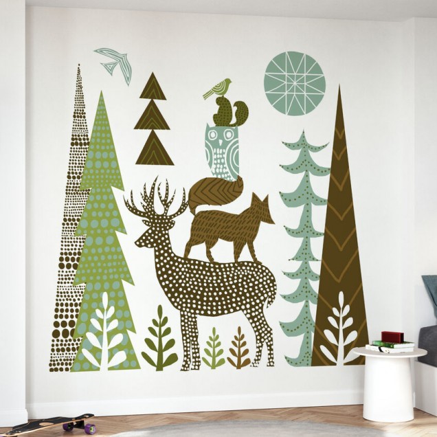 Tapet Forest Folklore Green Animals 1 cu animale din pădure, perfect pentru camera copiilor