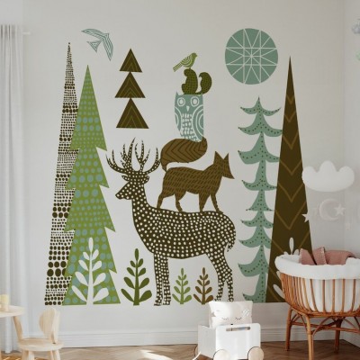 Tapet Forest Folklore Green Animals 1 cu animale din pădure, perfect pentru camera copiilor