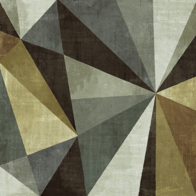 Tapet geometric modern cu triunghiuri în nuanțe de gri, verde și auriu, aplicat pe un perete într-o cameră de luat masa.
