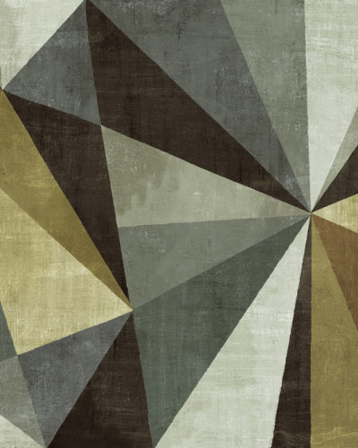 Tapet geometric modern cu triunghiuri în nuanțe de gri, verde și auriu, aplicat pe un perete într-o cameră de luat masa.