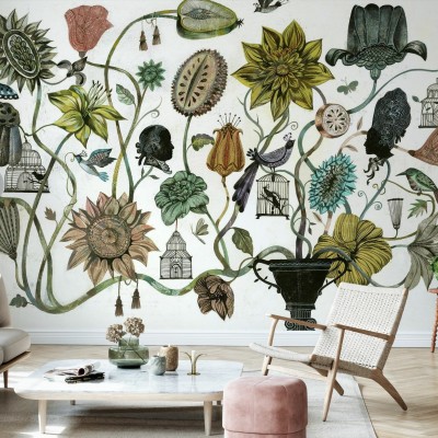 Tapet foto Bouquet cu flori, păsări și colivii într-un design artistic