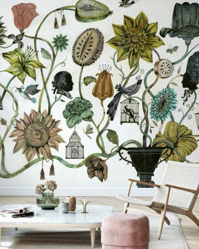 Tapet foto Bouquet cu flori, păsări și colivii într-un design artistic