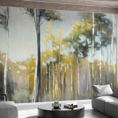 Imagine cu tapetul Aspen Reverie care ilustrează o pădure cu o lumină caldă și o atmosferă liniștită.