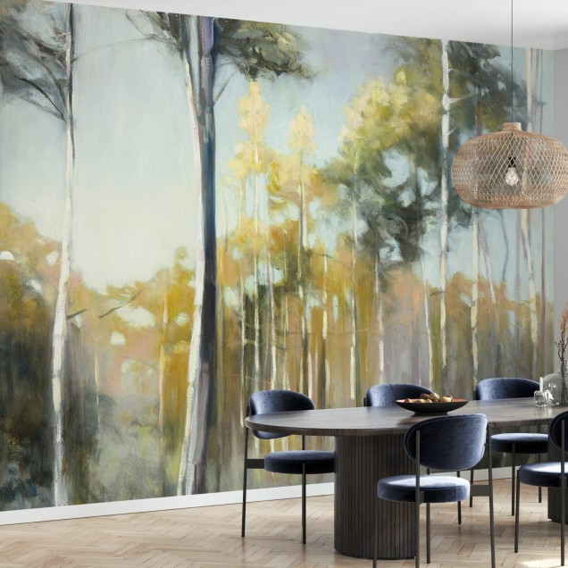 Imagine cu tapetul Aspen Reverie care ilustrează o pădure cu o lumină caldă și o atmosferă liniștită.