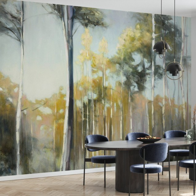 Imagine cu tapetul Aspen Reverie care ilustrează o pădure cu o lumină caldă și o atmosferă liniștită.