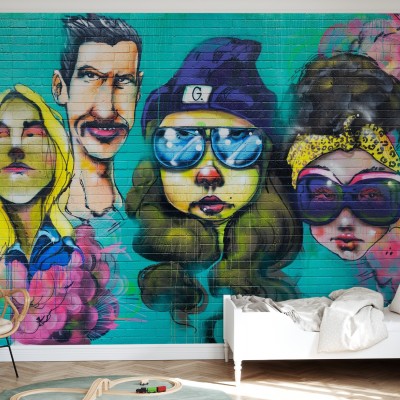 Tapet modern cu graficâ vibrantâ  cu personaje desenate âi flori pe un fundal de cârâamizi