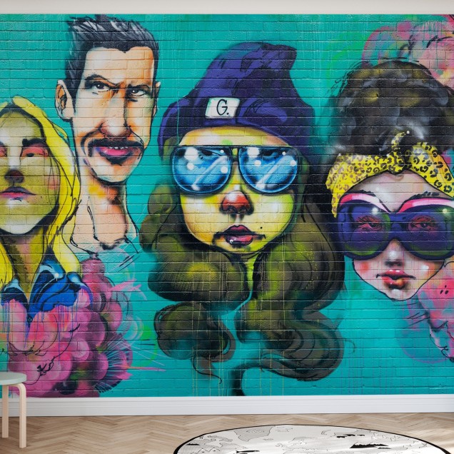 Tapet modern cu graficâ vibrantâ  cu personaje desenate âi flori pe un fundal de cârâamizi