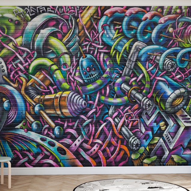 Tapet cu design urban, cu motive grafice colorate, inspirat de arta stradală.