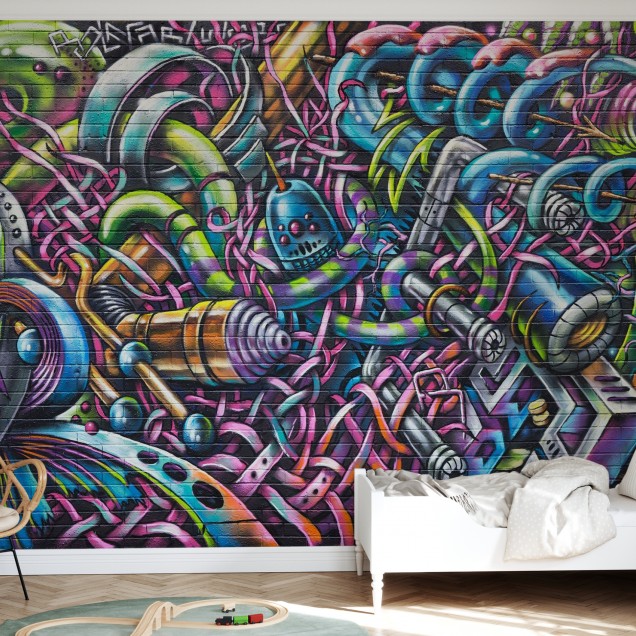 Tapet cu design urban, cu motive grafice colorate, inspirat de arta stradală.