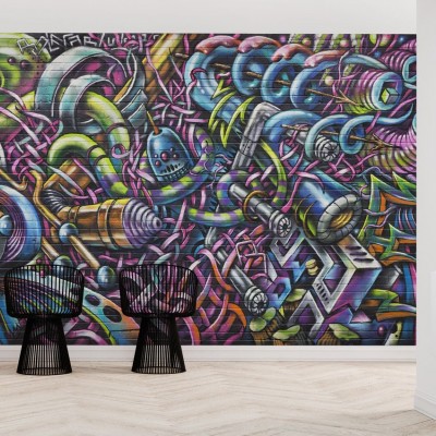 Tapet cu design urban, cu motive grafice colorate, inspirat de arta stradală.
