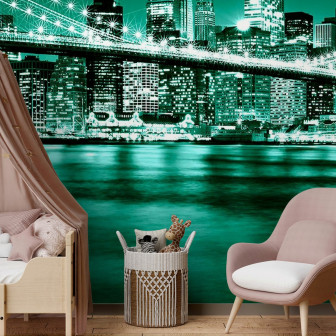 Fototapet cu podul Brooklyn în nuanțe de verde într-o cameră de copii