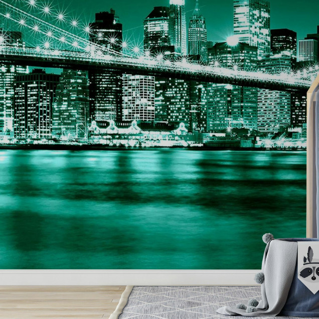 Fototapet cu podul Brooklyn în nuanțe de verde într-o cameră de copii