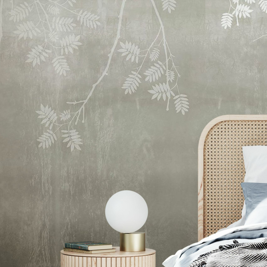 Fototapet cu model Bohemian Birds Pale Blue - un design minimalist cu ramuri albe și păsări gri pe un fundal albastru pal.