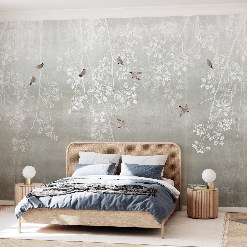Fototapet cu model Bohemian Birds Pale Blue - un design minimalist cu ramuri albe și păsări gri pe un fundal albastru pal.