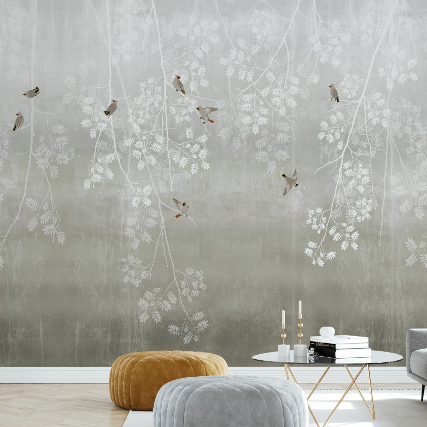 Fototapet cu model Bohemian Birds Pale Blue - un design minimalist cu ramuri albe și păsări gri pe un fundal albastru pal.