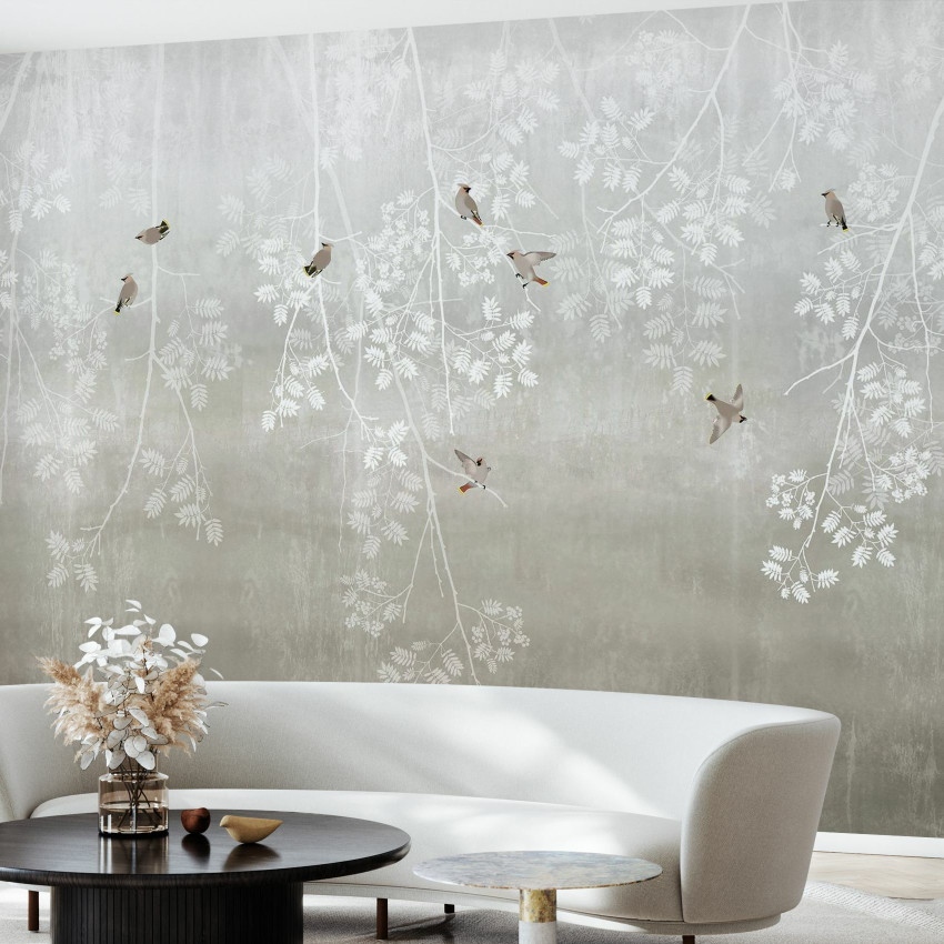 Fototapet cu model Bohemian Birds Pale Blue - un design minimalist cu ramuri albe și păsări gri pe un fundal albastru pal.