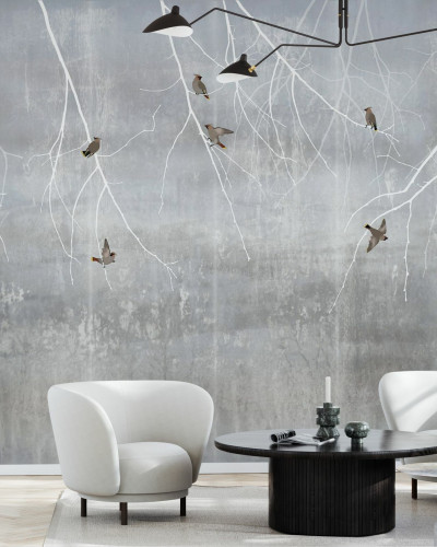 Fototapet cu model Bohemian Birds Pale Blue - un design minimalist cu ramuri albe și păsări gri pe un fundal albastru pal.