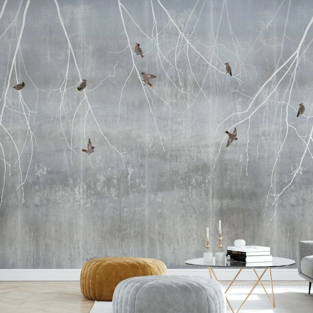 Fototapet cu model Bohemian Birds Pale Blue - un design minimalist cu ramuri albe și păsări gri pe un fundal albastru pal.
