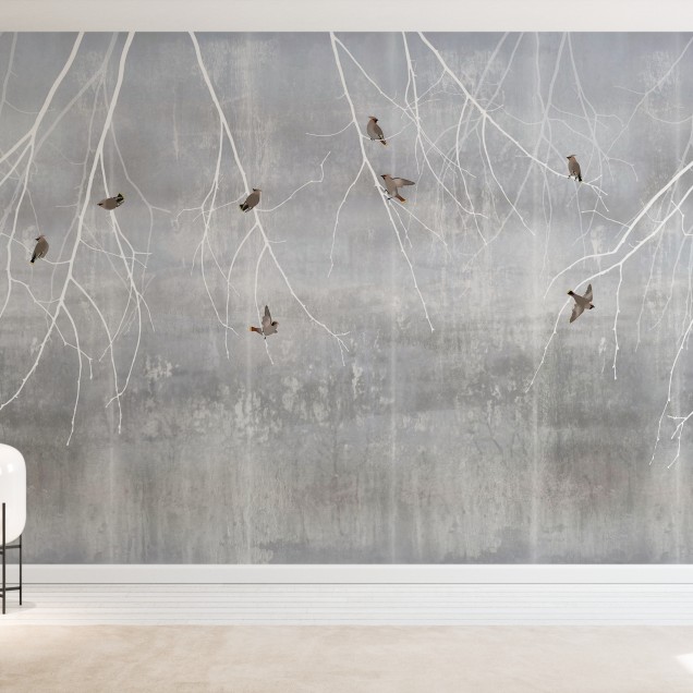 Fototapet cu model Bohemian Birds Pale Blue - un design minimalist cu ramuri albe și păsări gri pe un fundal albastru pal.