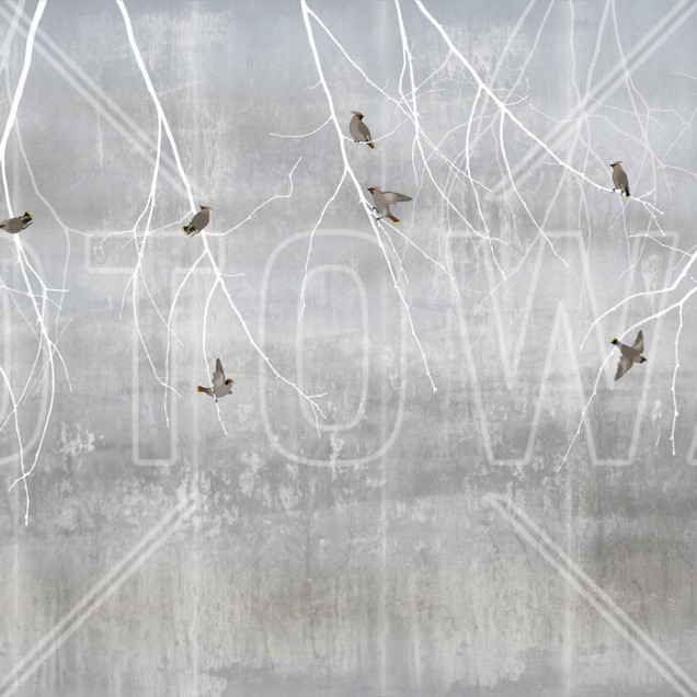 Fototapet cu model Bohemian Birds Pale Blue - un design minimalist cu ramuri albe și păsări gri pe un fundal albastru pal.