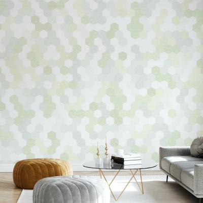 Tapet hexagonal cu design geometric simplu, în tonuri de verde deschis și alb.