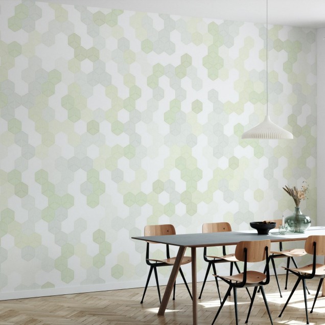 Tapet hexagonal cu design geometric simplu, în tonuri de verde deschis și alb.