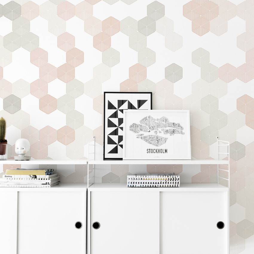 Tapet hexagonal cu design geometric simplu, în tonuri de verde deschis și alb.