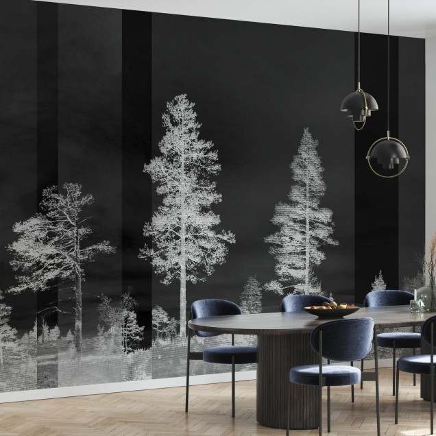 Tapet de perete Panorama Black cu design minimalist in nuante de gri si negru.