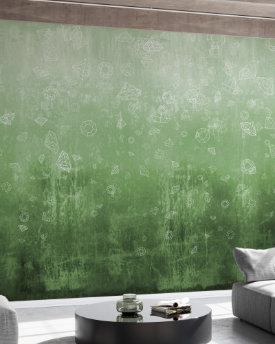 Tapet Lost Diamonds Light Green, cu diamante albe pe un fundal verde delicat.