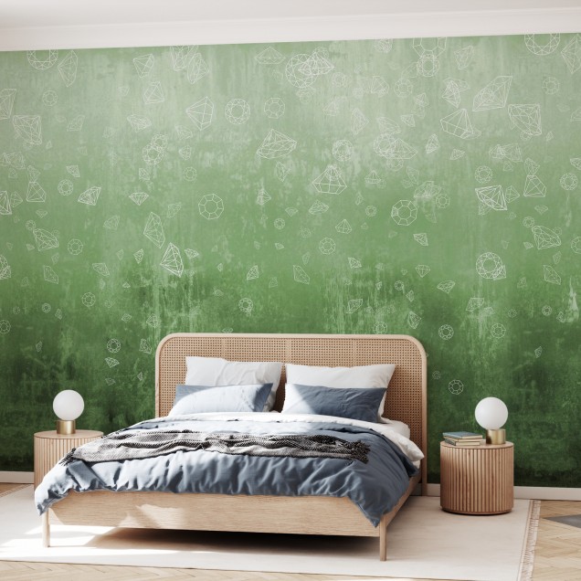 Tapet Lost Diamonds Light Green, cu diamante albe pe un fundal verde delicat.