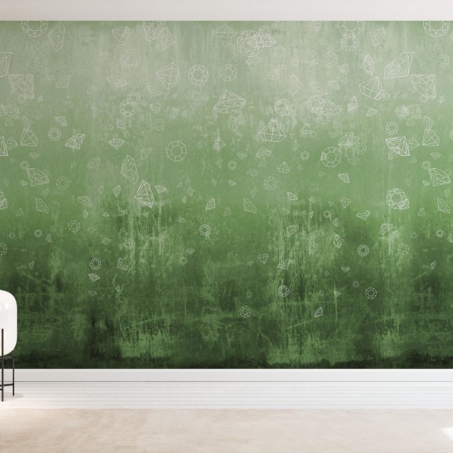 Tapet Lost Diamonds Light Green, cu diamante albe pe un fundal verde delicat.