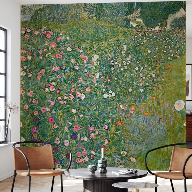 Tapet cu design inspirat de Gustav Klimt - Grădină italiană,  cu o imagine vibrantă cu flori în culori intense