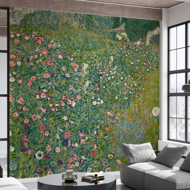 Tapet cu design inspirat de Gustav Klimt - Grădină italiană,  cu o imagine vibrantă cu flori în culori intense