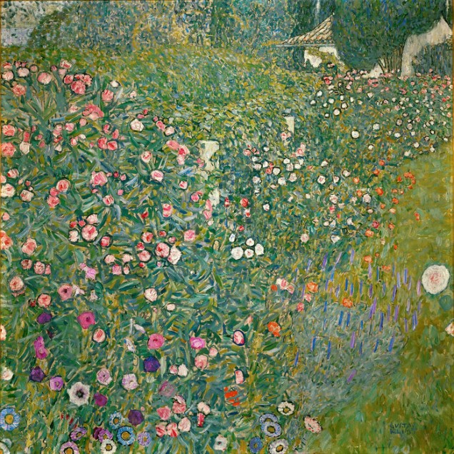 Tapet cu design inspirat de Gustav Klimt - Grădină italiană,  cu o imagine vibrantă cu flori în culori intense