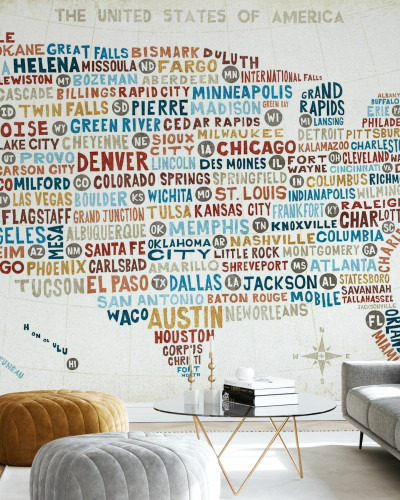 Tapet US City Map, cu harta Statelor Unite ale Americii si numele oraselor principale afisate in stil artistic.
