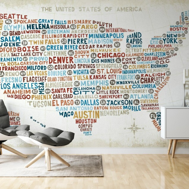 Tapet US City Map, cu harta Statelor Unite ale Americii si numele oraselor principale afisate in stil artistic.