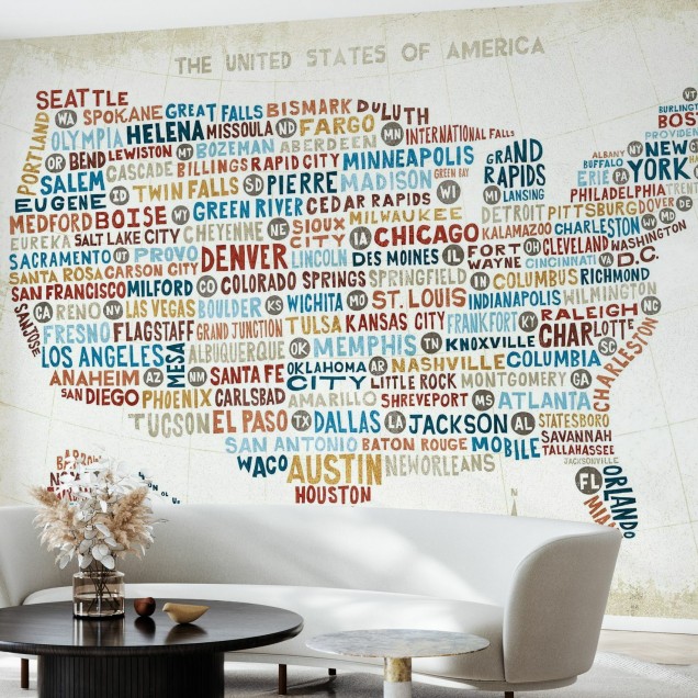 Tapet US City Map, cu harta Statelor Unite ale Americii si numele oraselor principale afisate in stil artistic.