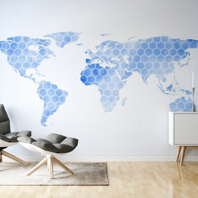 Blue Hexagon World Map, hartă a lumii cu design modern, tapet, tapet perete, decorațiuni interioare