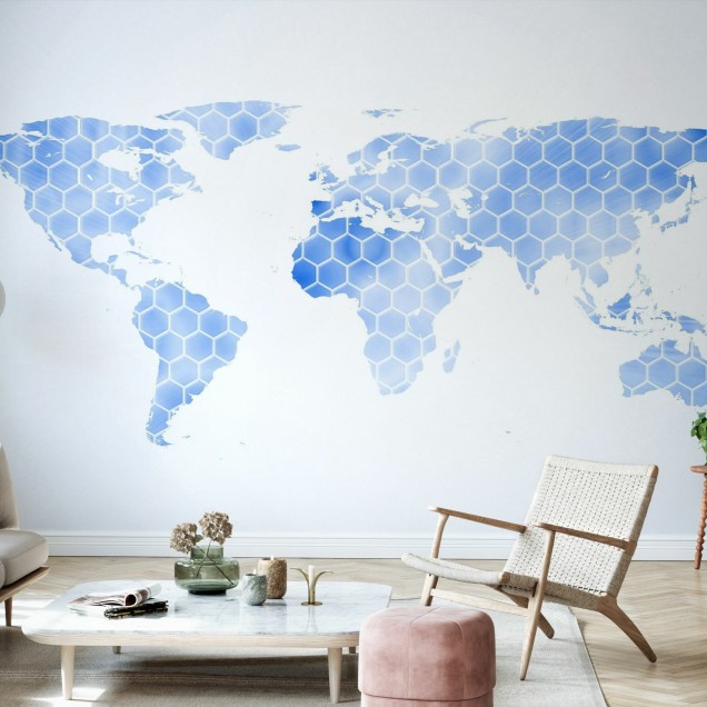 Blue Hexagon World Map, hartă a lumii cu design modern, tapet, tapet perete, decorațiuni interioare