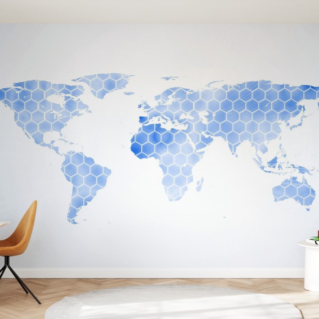 Blue Hexagon World Map, hartă a lumii cu design modern, tapet, tapet perete, decorațiuni interioare