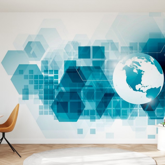 Wallpaper cu glob pământesc și fundal geometric modern, perfect pentru a adăuga un strop de stil și eleganță dormitorului sau livingului dumneavoastră. Combinația unică de culori și texturi creează un aspect contemporan, care va atrage privirile tuturor.