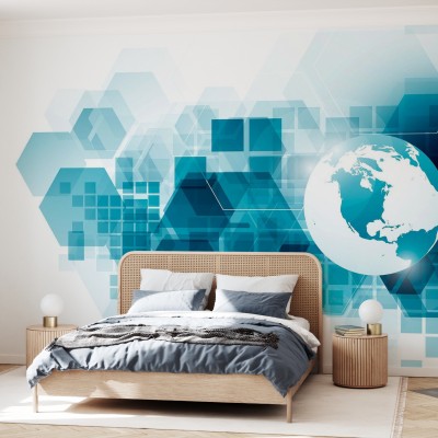 Wallpaper cu glob pământesc și fundal geometric modern, perfect pentru a adăuga un strop de stil și eleganță dormitorului sau livingului dumneavoastră. Combinația unică de culori și texturi creează un aspect contemporan, care va atrage privirile tuturor.