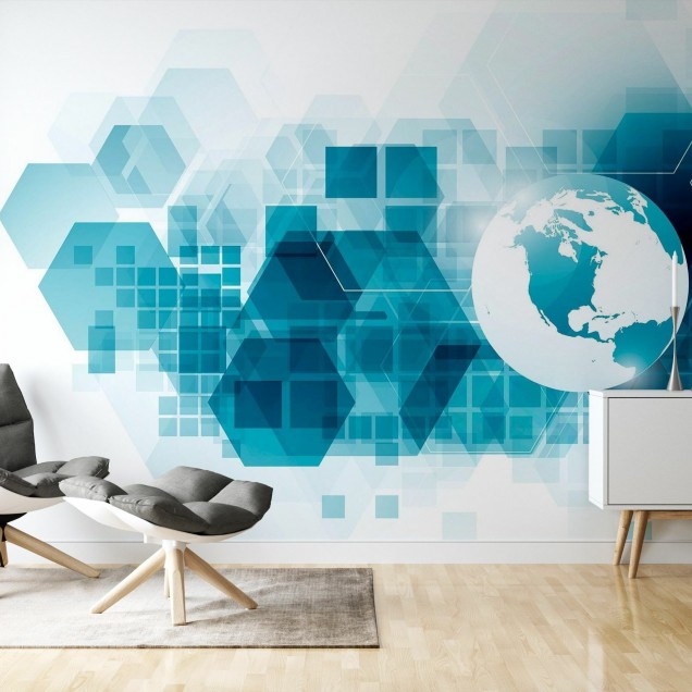 Wallpaper cu glob pământesc și fundal geometric modern, perfect pentru a adăuga un strop de stil și eleganță dormitorului sau livingului dumneavoastră. Combinația unică de culori și texturi creează un aspect contemporan, care va atrage privirile tuturor.