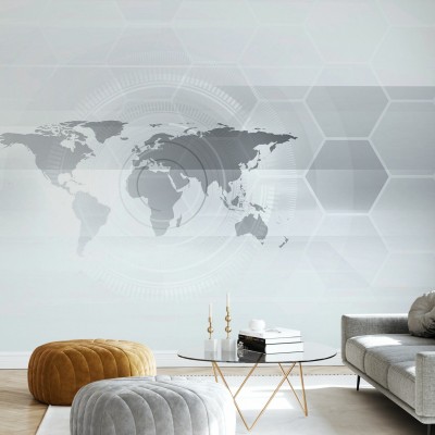 Wallpaper Hexagon World Map cu harta lumii intr-un design geometric minimalist, decor modern