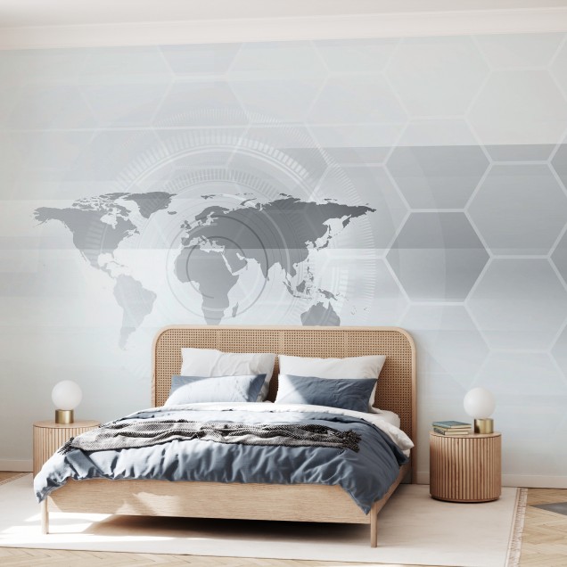 Wallpaper Hexagon World Map cu harta lumii intr-un design geometric minimalist, decor modern